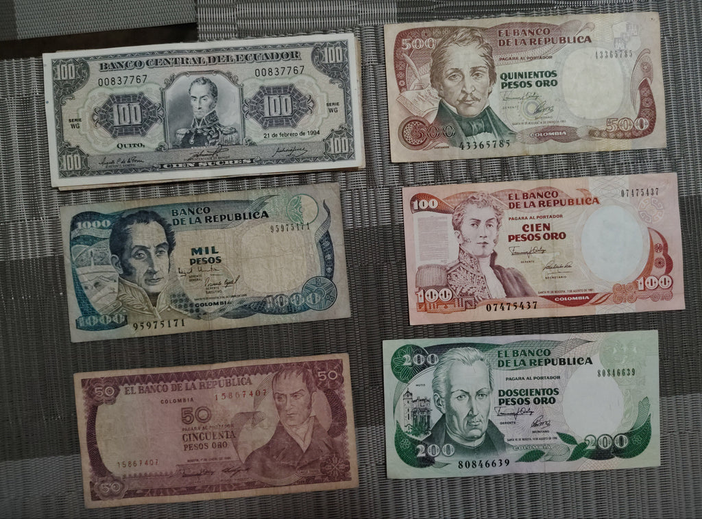 Lote de Billetes Antiguos de Colombia y Ecuador Vintage – Colección Retro de Notafilia