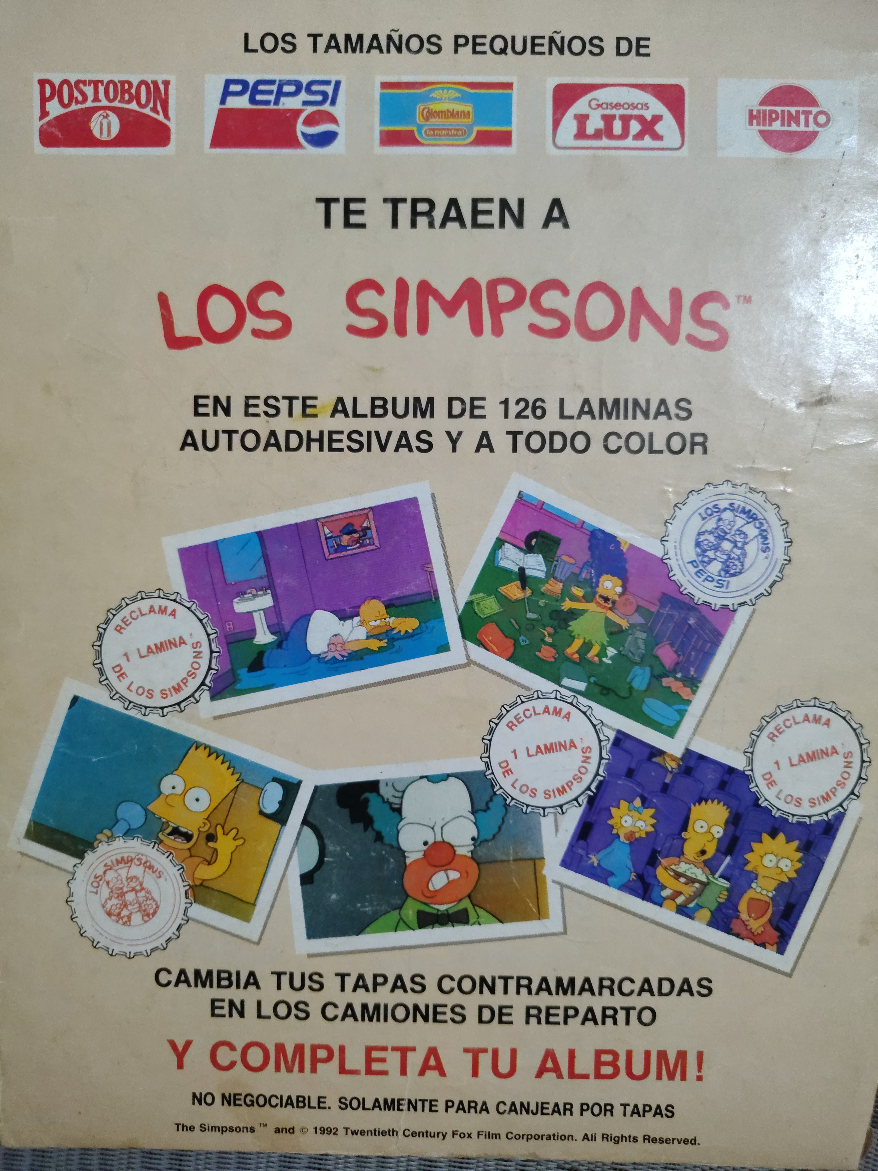 Álbum de Láminas Incompleto (1992) – Temática Los Simpsons (Edición Colombia) – Artículo Vintage para Restaurar / Segunda Mano