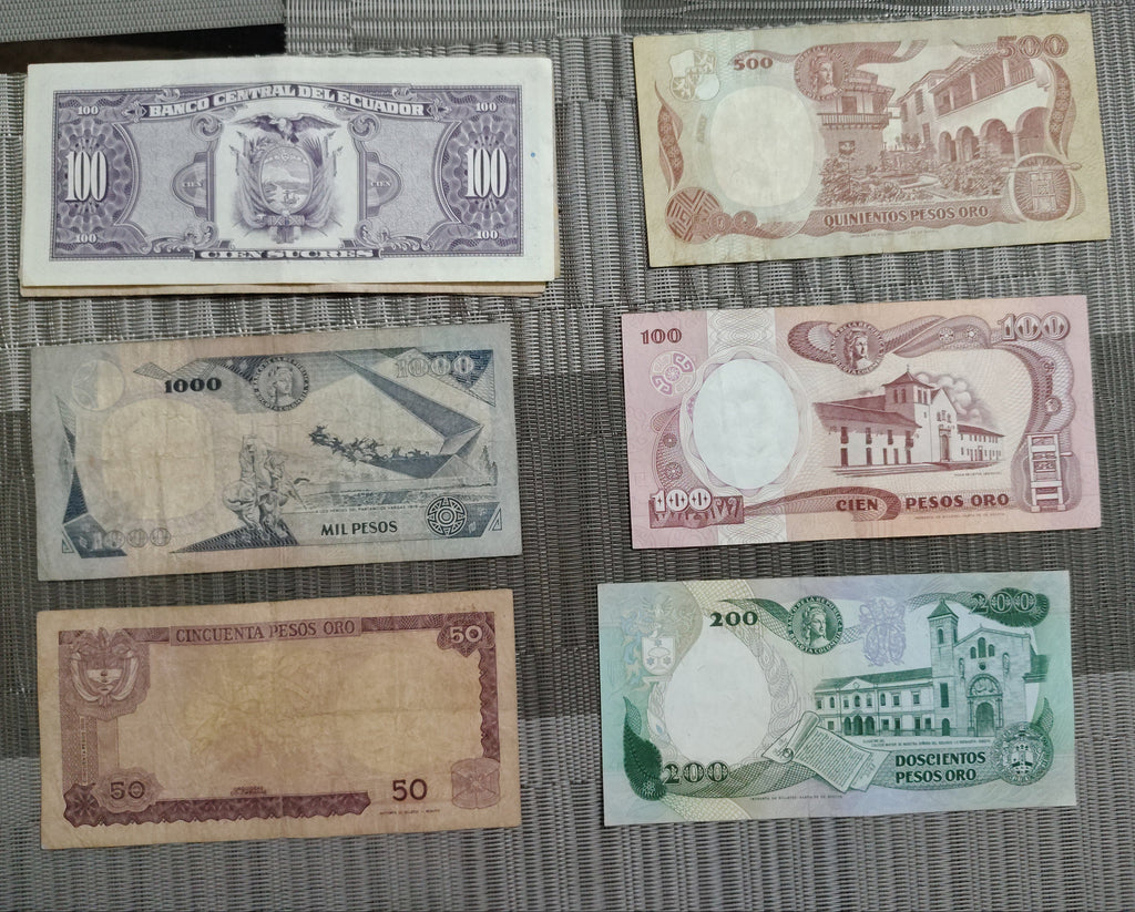 Lote de Billetes Antiguos de Colombia y Ecuador Vintage – Colección Retro de Notafilia